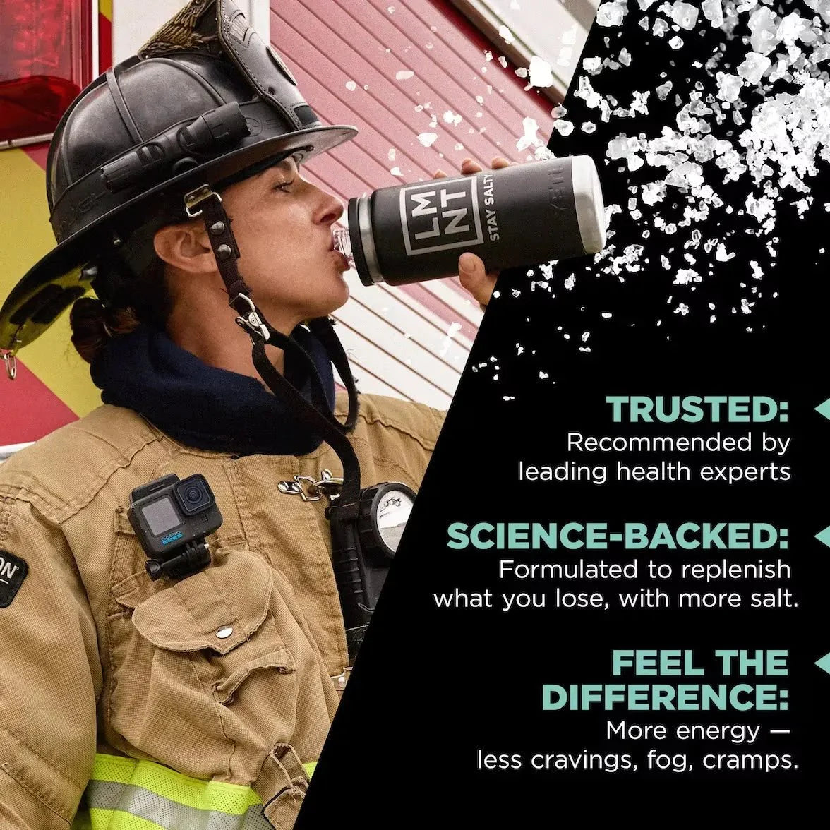 Firefighter drinking LMNT Raw Unflavoured Electrolyte Mix - 30 Sticks with text about science-backed benefits and energy.