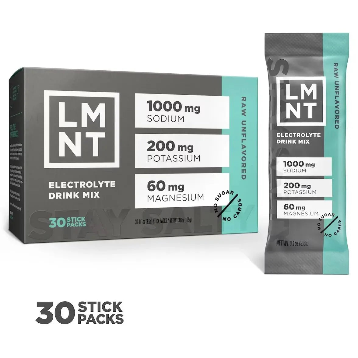 LMNT Raw Unflavoured Electrolyte Mix - 30 Sticks by LMNT featuring 1000 mg sodium, 200 mg potassium, and 60 mg magnesium in keto-friendly, low carb formula.