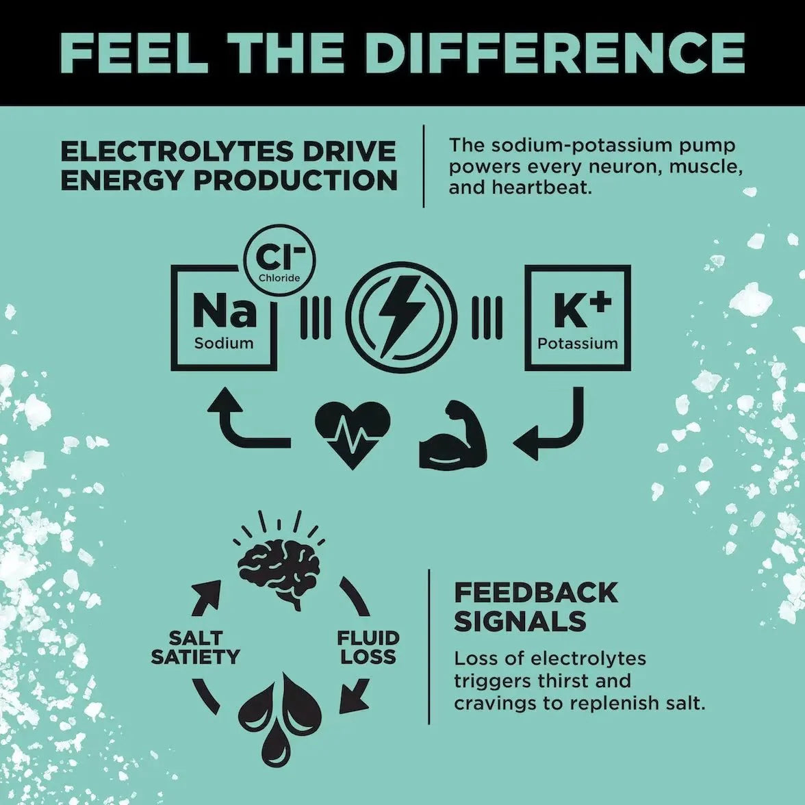 Infographic showing how sodium, chloride, and potassium electrolytes drive energy production and feedback signals in the body for LMNT Raw Unflavoured Electrolyte Mix - 30 Sticks by LMNT.