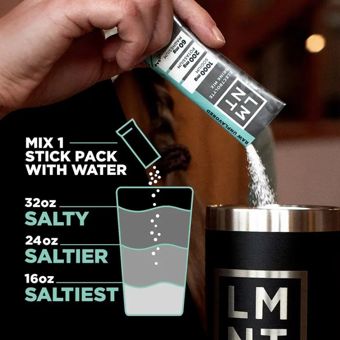 Hand pouring LMNT Raw Unflavoured Electrolyte Mix - 30 Sticks into a cup with graphic showing mixing instructions for various saltiness levels by LMNT.