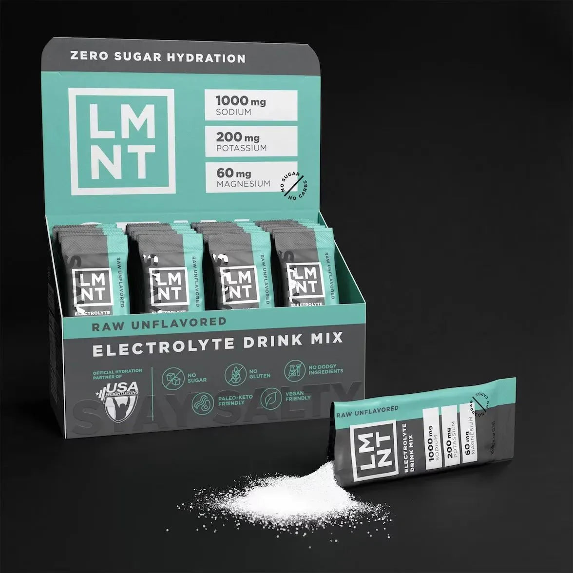 LMNT Raw Unflavoured Electrolyte Mix - 30 Sticks by LMNT packaging showing zero sugar hydration with sodium, potassium, and magnesium content on black background