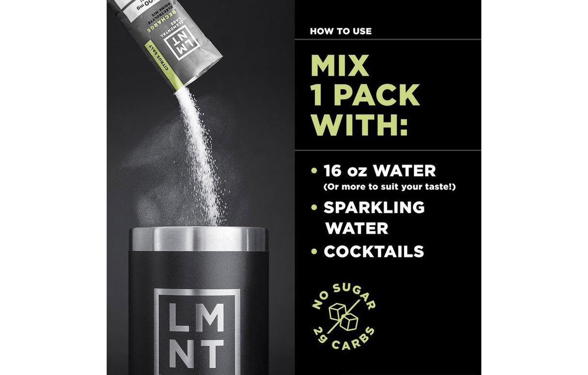 Black LMNT Citrus Salt Electrolyte Mix packet pouring powder into black LMNT shaker cup on black background with mixing.
