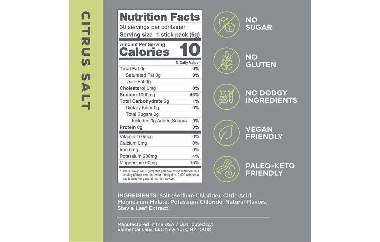 Nutrition facts panel for LMNT Citrus Salt Electrolyte Mix with icons for no sugar, gluten, doggy ingredients, vegan, and.
