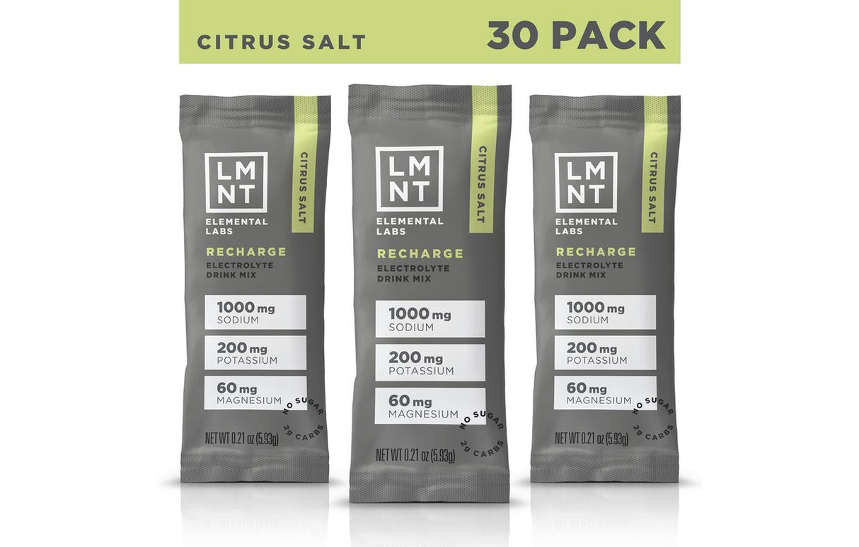 Three LMNT Citrus Salt Electrolyte Mix packets, gray with green and white text, each labeled 1000 mg sodium, 200 mg.