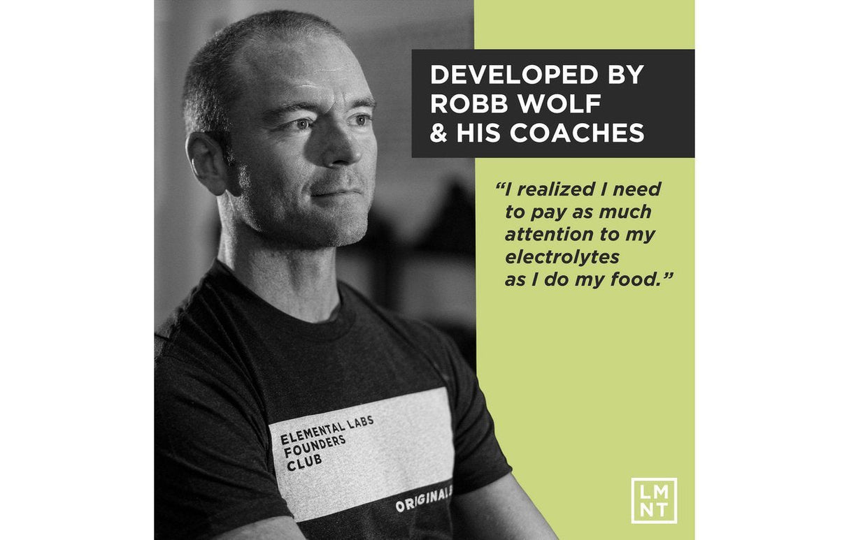 LMNT Citrus Salt Electrolyte Mix box with black and green packaging, featuring an athlete and coaching endorsement quote.