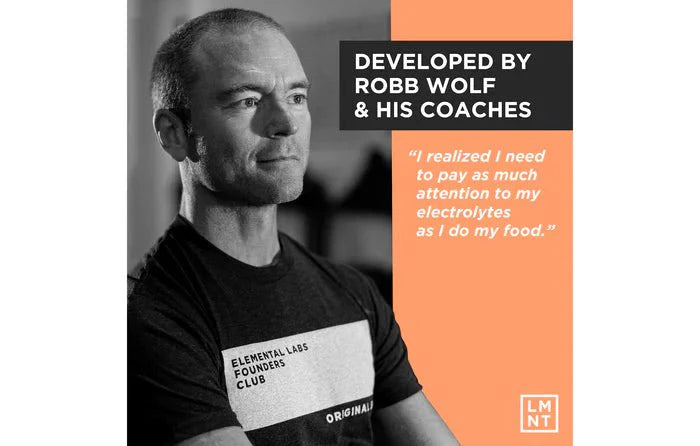 LMNT Grapefruit Salt Electrolyte Mix - 30 Sticks endorsed by Robb Wolf, emphasizing the importance of electrolytes for health.