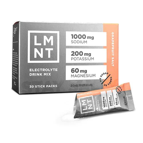 LMNT Grapefruit Salt Electrolyte Mix - 30 Sticks box and packet showing sodium, potassium, and magnesium content