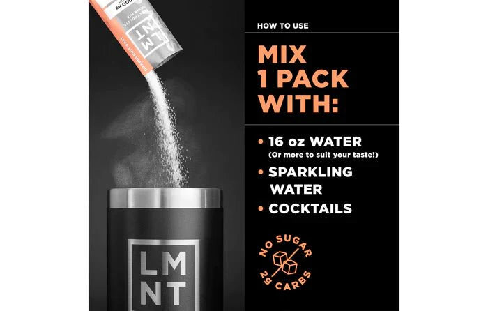 Instructional image showing how to mix LMNT Grapefruit Salt Electrolyte Mix - 30 Sticks with water, sparkling water, or cocktails.