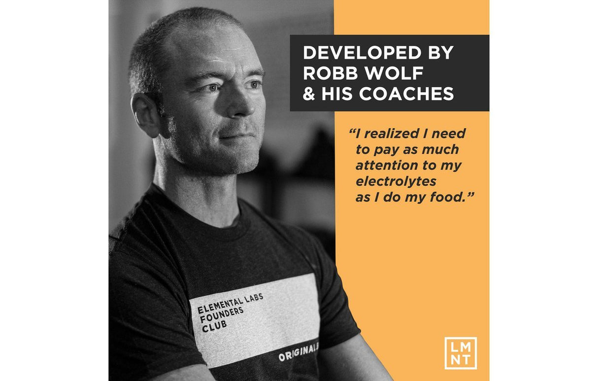 Black and white photo of man wearing Elemental Labs shirt next to quote about electrolytes from Robb Wolf with LMNT logo and orange accent.
