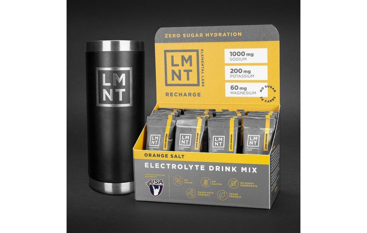 LMNT Orange Salt Electrolyte Mix - 30 Sticks box with individual packets and branded black travel bottle on dark background