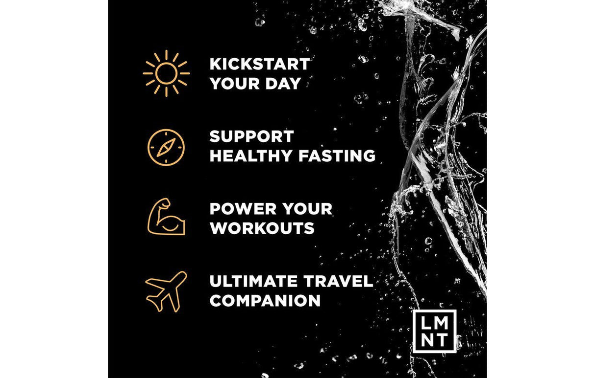 LMNT Orange Salt Electrolyte Mix - 30 Sticks benefits include workout power, fasting support, travel use, and day kickstart.