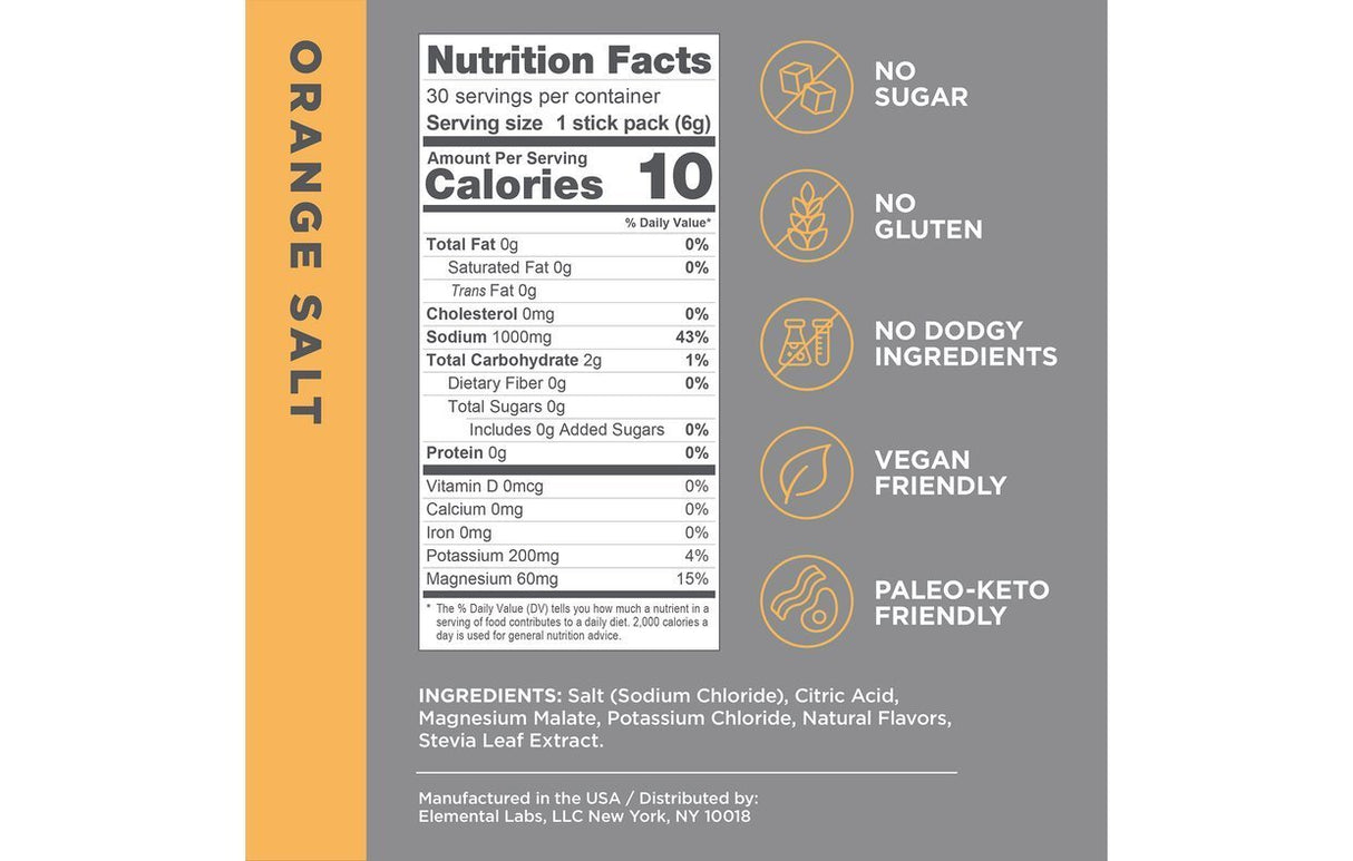 LMNT Orange Salt Electrolyte Mix - 30 Sticks nutrition panel showing calories, minerals, and dietary benefits on white background.