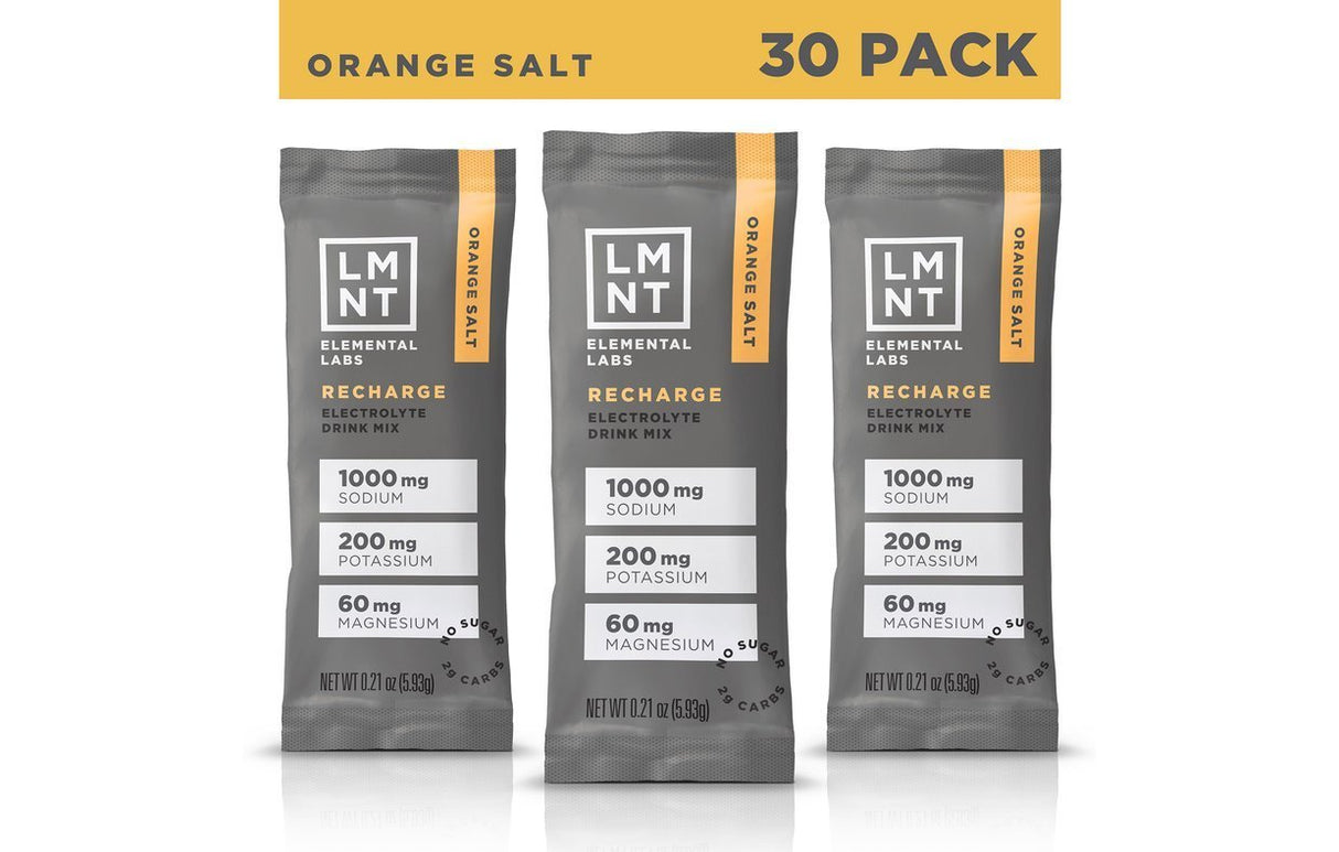 LMNT Orange Salt Electrolyte Mix - 30 Sticks in gray packaging highlighting sodium, potassium, and magnesium content