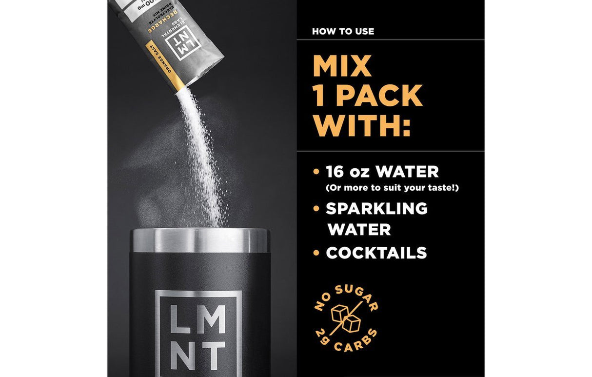 LMNT Orange Salt Electrolyte Mix - 30 Sticks pouring into black bottle with mixing instructions and no sugar, 2g carbs icon