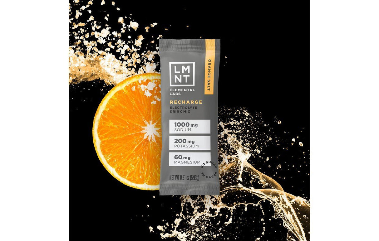 LMNT Orange Salt Electrolyte Mix - 30 Sticks with orange slice and splash, highlighting key minerals sodium, potassium, magnesium.