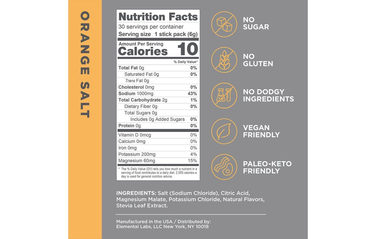 Nutrition facts and ingredient details for LMNT Taster Pack - 10 Sticks Orange Salt flavor with dietary highlights and benefits.