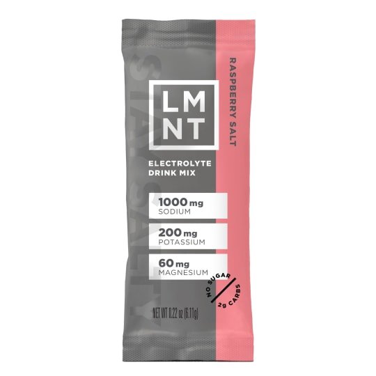 LMNT Raspberry Salt electrolyte drink mix stick in gray and pink packaging with nutrition facts.