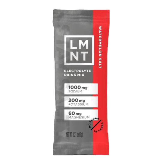 LMNT Electrolyte Drink Mix single stick in gray and red packaging with Watermelon Salt flavor label.