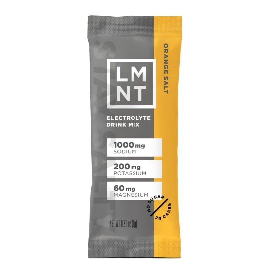 LMNT Single Stick electrolyte drink mix in orange salt flavor with sodium, potassium, and magnesium content on gray and orange pouch
