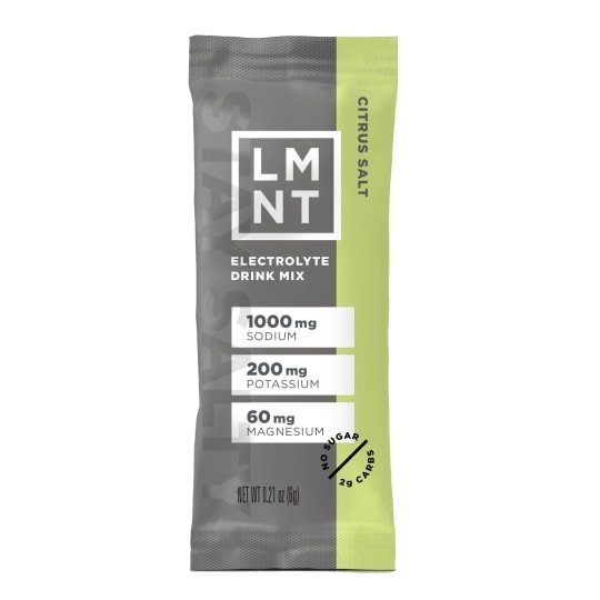 LMNT Citrus Salt electrolyte drink mix stick with gray and light green packaging and nutritional highlights.