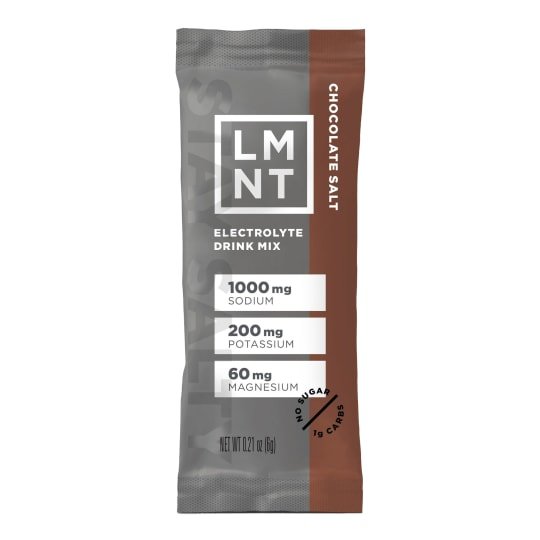 LMNT Chocolate Salt electrolyte drink mix single stick, gray and brown packaging.