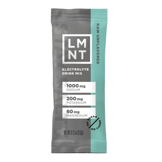 LMNT Raw Unflavored electrolyte drink mix single stick in gray and teal packet with nutrition text.