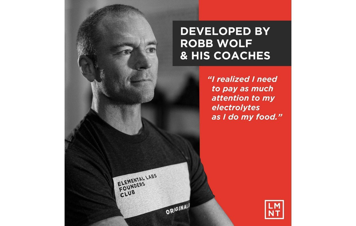 Black and white photo of man with quote about electrolytes by Robb Wolf, promoting LMNT Watermelon Salt Electrolyte Mix - 30 Sticks.