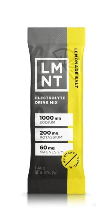 LMNT Lemonade Salt electrolyte drink mix stick pack with black, gray, and yellow design.