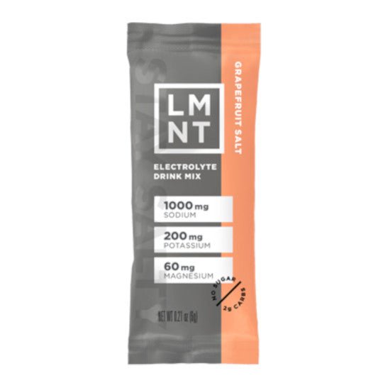 Gray and orange LMNT electrolyte drink mix single stick packet with nutritional info and citrus salt label.
