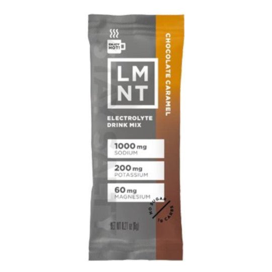 LMNT Single Stick Electrolyte Drink Mix in chocolate caramel flavor with gray and brown packaging.