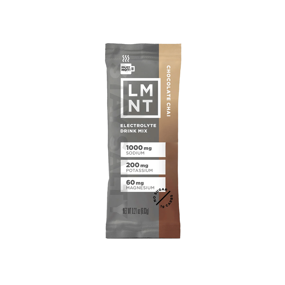Single stick packet of LMNT Single Stick electrolyte drink mix in chocolate chai flavor with sodium, potassium, and magnesium content by LMNT.
