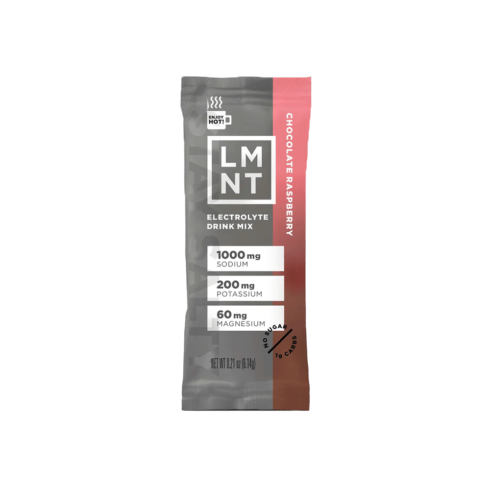 LMNT Chocolate Raspberry electrolyte drink mix stick with gray and pink packaging and nutrition details visible.