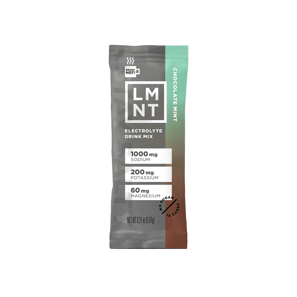 LMNT Chocolate Mint electrolyte drink mix single stick with green and brown packaging.