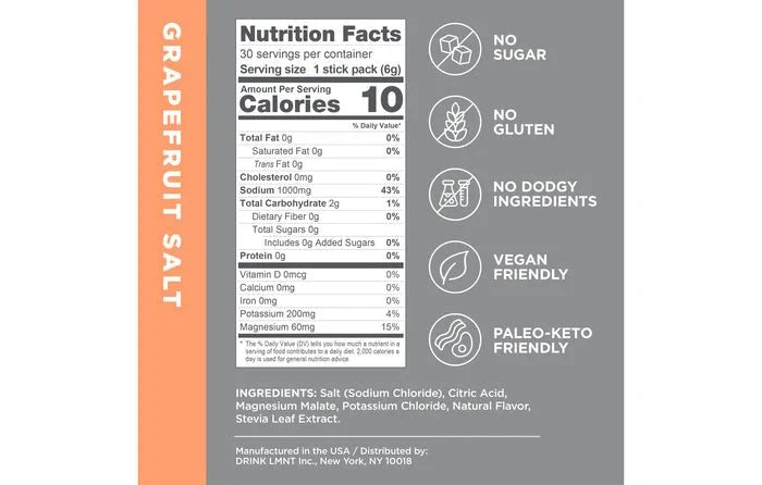 Nutrition label and product benefits for LMNT Taster Pack - 10 Sticks Grapefruit Salt flavor showing calories, minerals, and dietary features.