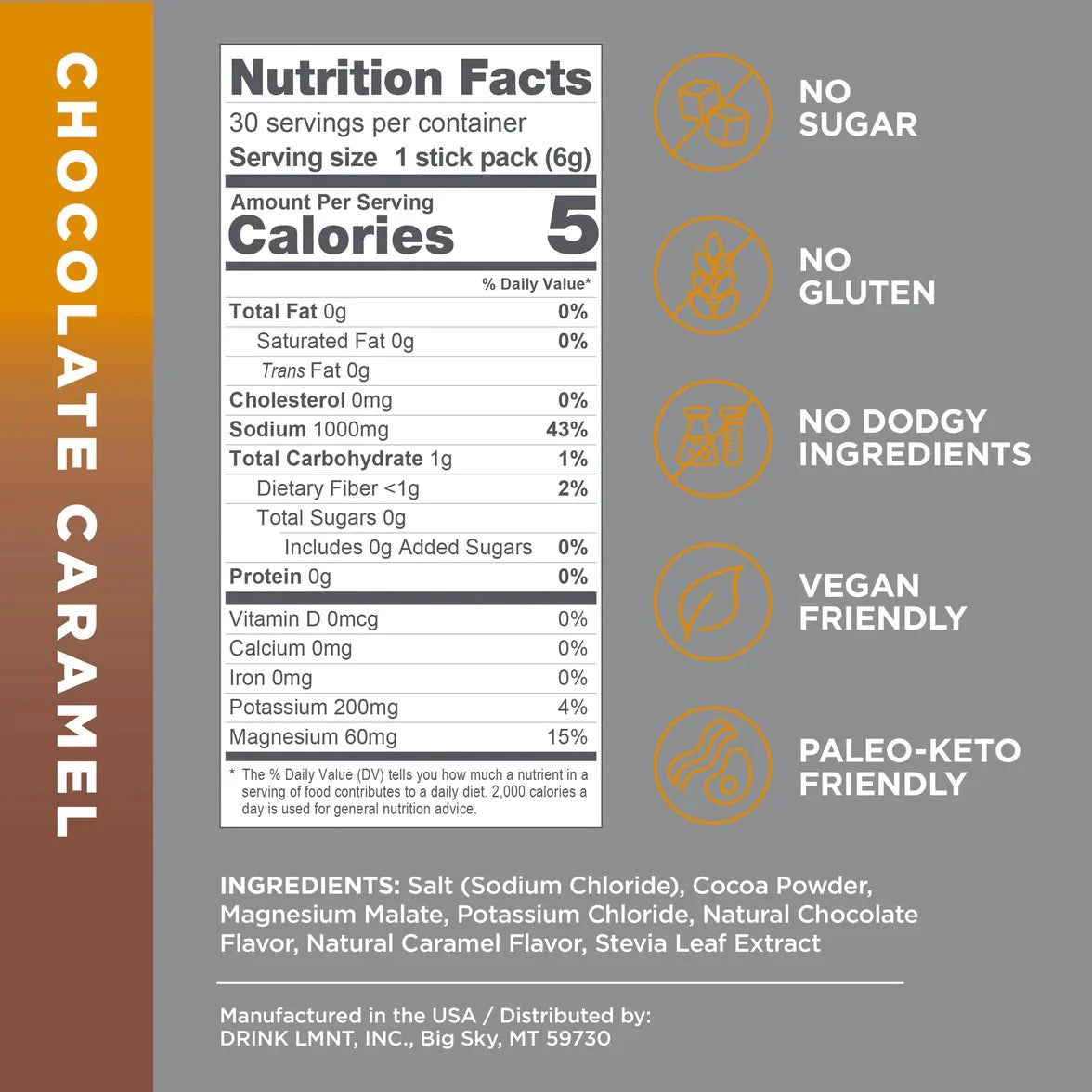Nutrition facts and ingredients for LMNT Taster Pack - 10 Sticks Chocolate Caramel with dietary benefits icons on gray background