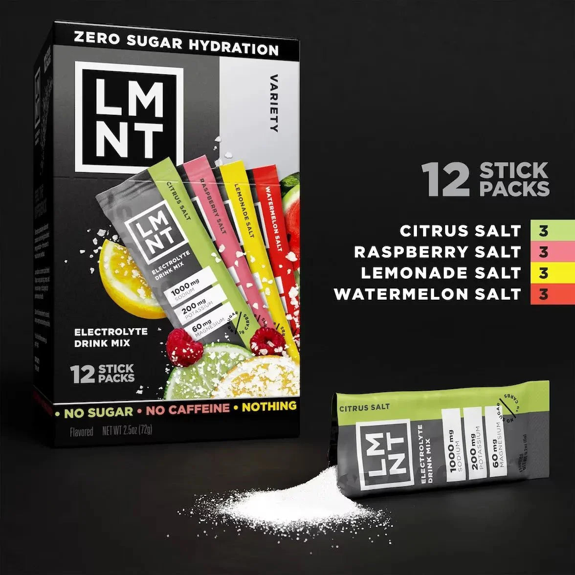 LMNT Variety Pack - 12 Sticks by LMNT featuring keto-friendly zero sugar hydration electrolyte drink mix in citrus, raspberry, lemonade, and watermelon salt flavors.