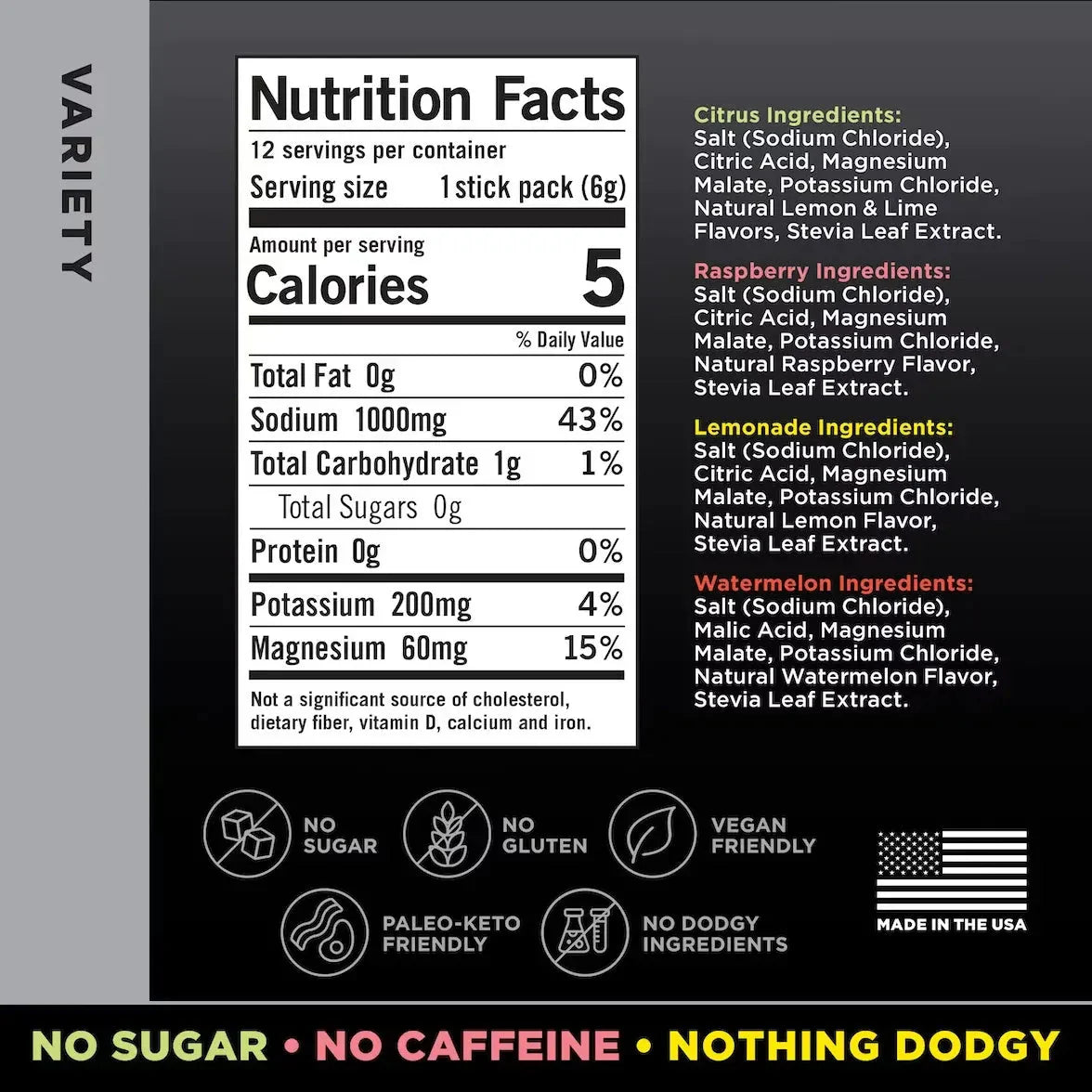 Nutrition facts label for LMNT Variety Pack - 12 Sticks by LMNT showing calories, sodium, potassium, magnesium content, and ingredient list for citrus, raspberry, lemonade, and watermelon flavors with keto-friendly and vegan-friendly icons.