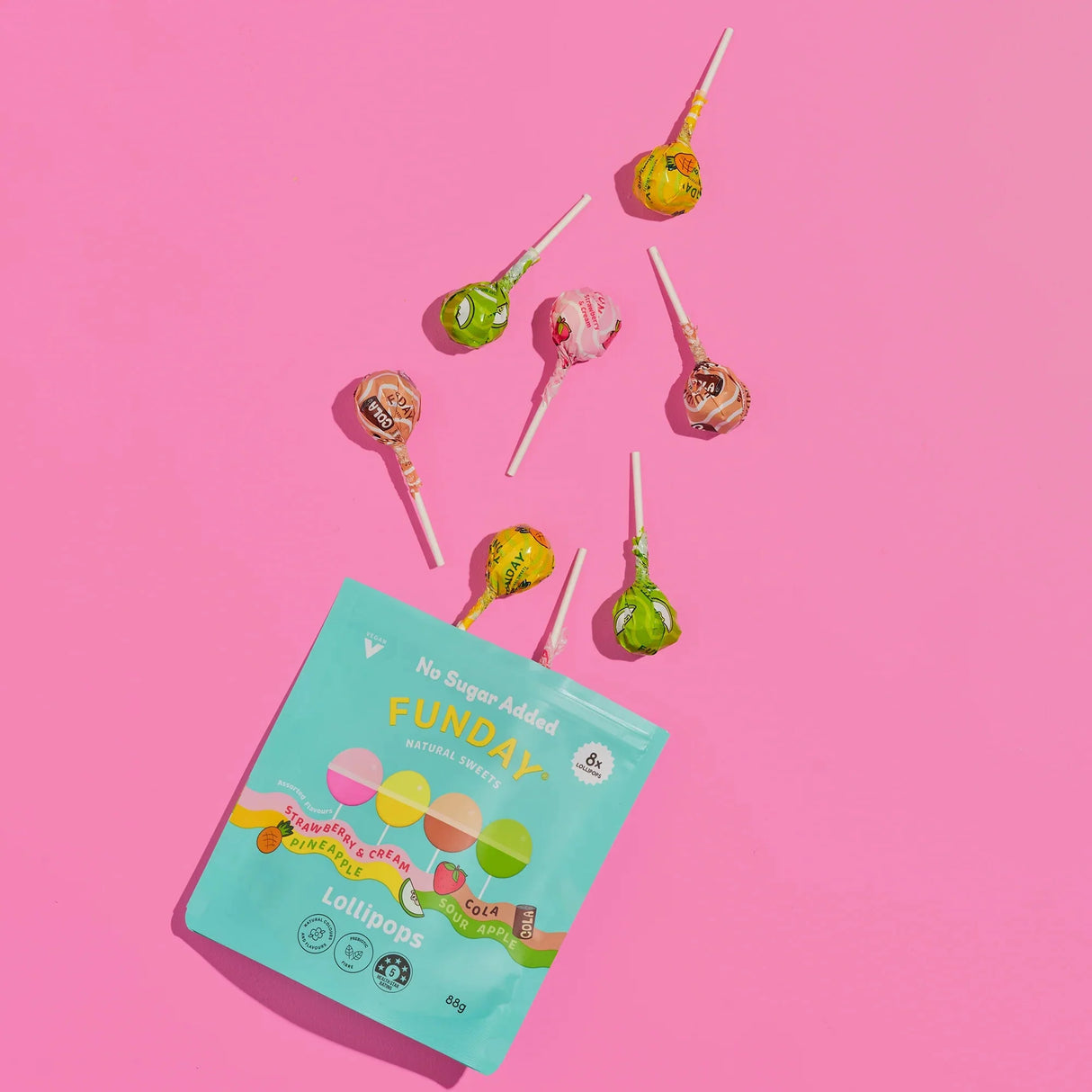 Lollipops - Share Bag - 88g by Funday with assorted colorful lollipops on bright pink background from Sweet Snacks collection