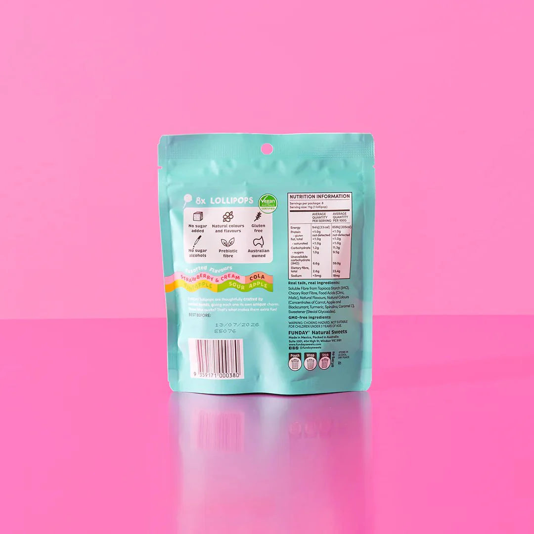 Lollipops - Share Bag - 88g by Funday showing back of gluten free, low carb sweet snack packaging