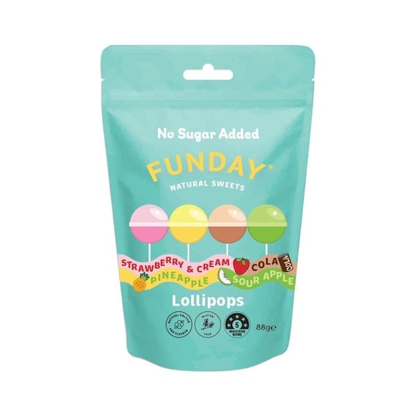 Lollipops - Share Bag - 88g by Funday in pastel pouch with strawberry, pineapple, cream, cola, and sour apple flavors
