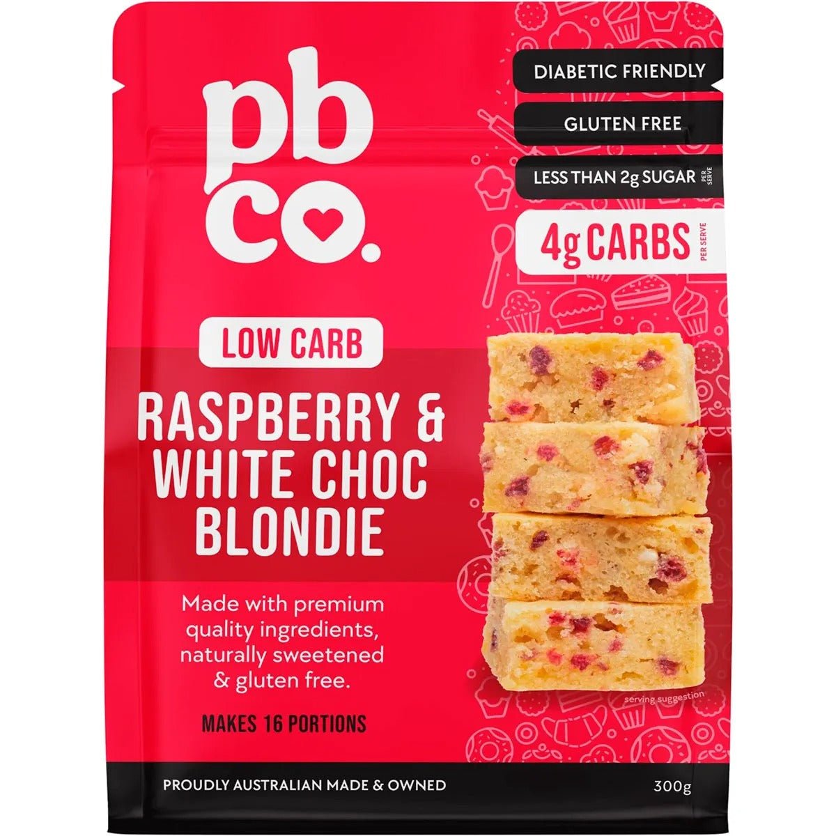 Low Carb Raspberry & White Choc Blondie - 300g by PBCo., gluten free, diabetic friendly, low sugar baking mix in red pouch