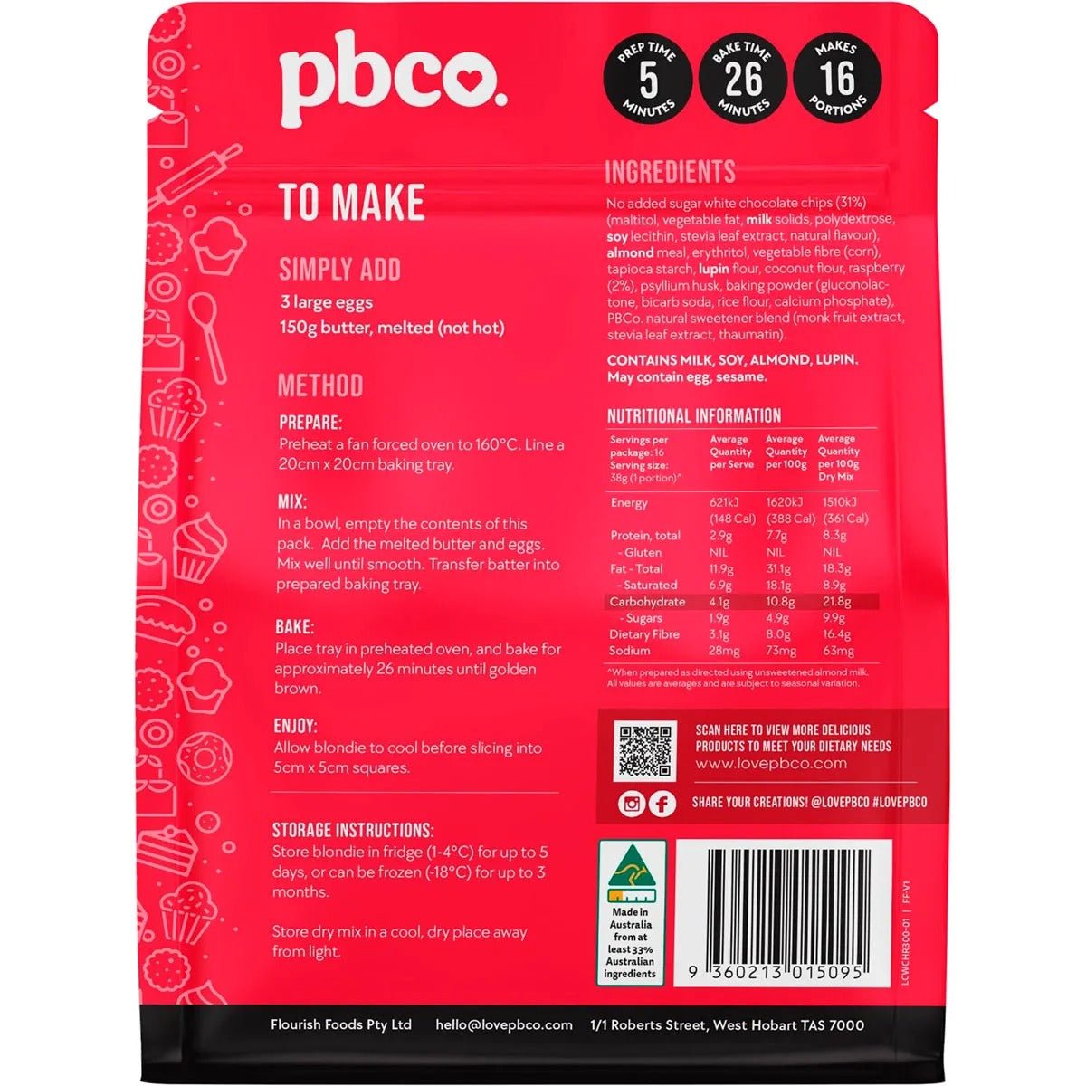 Back of Low Carb Raspberry & White Choc Blondie - 300g by PBCo. with ingredients, method, nutrition facts, and storage details.