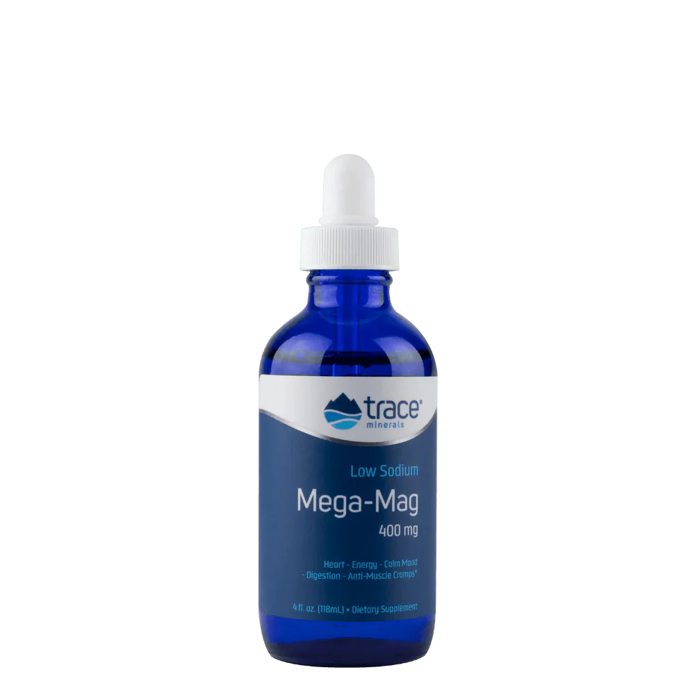 Trace Minerals Low Sodium Mega-Mag - 400mg - 118ml dietary supplement in blue dropper bottle packaging