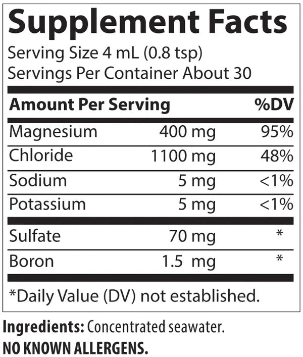 Supplement facts for Low Sodium Mega-Mag - 400mg - 118ml showing magnesium, chloride, sodium, potassium, sulfate, and boron content.