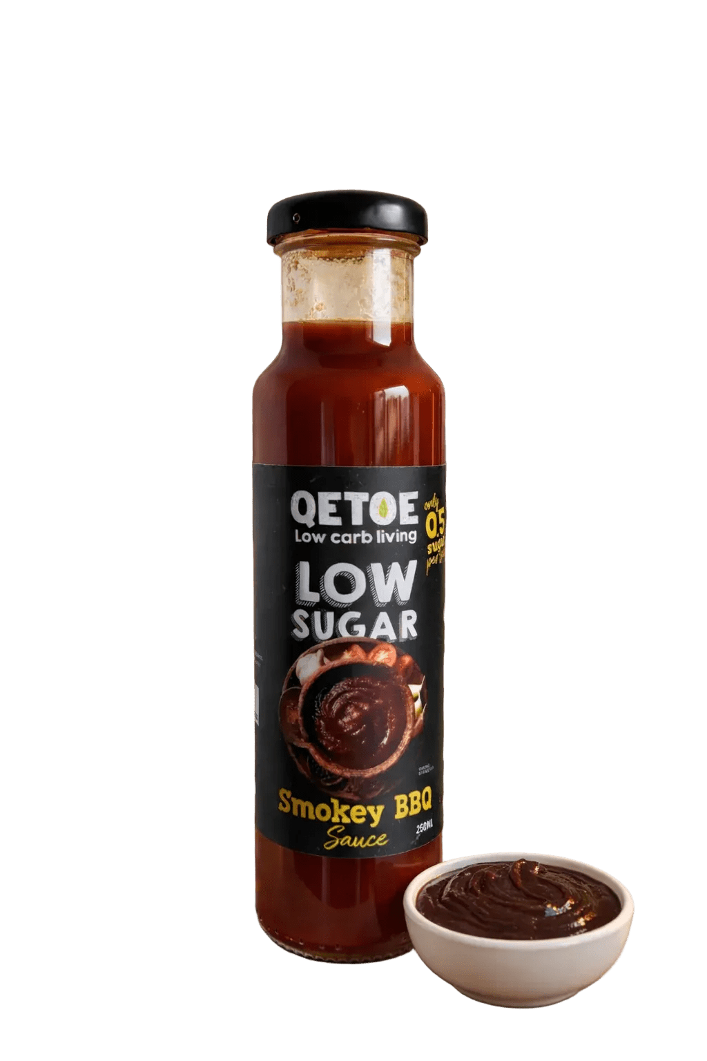 Low Sugar Sauce - Smokey BBQ - 250mL bottle by Qetoe with smoky BBQ sauce in a white bowl, Pantry and Condiments collection.