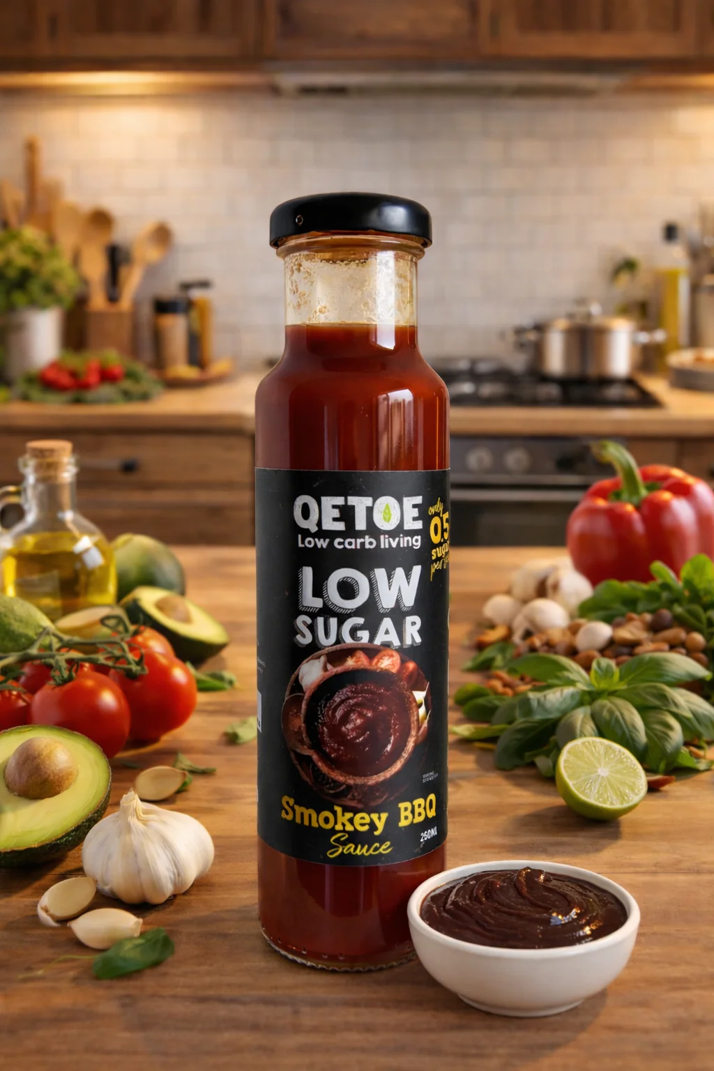 Low Sugar Sauce - Smokey BBQ - 250mL bottle by Qetoe on kitchen table with fresh vegetables and bowl of sauce