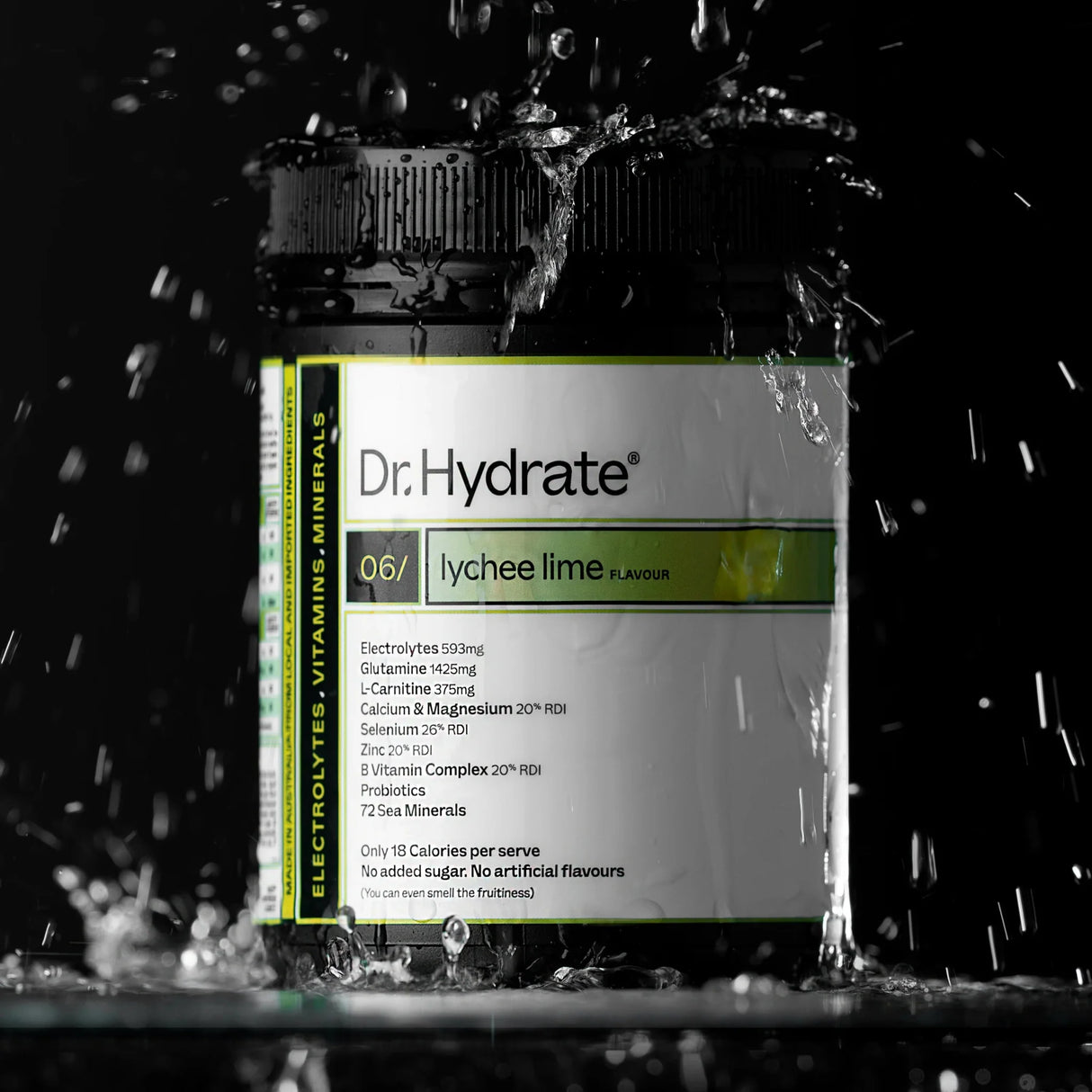 Lychee Lime Jar - 30 Serves by Dr. Hydrate with electrolyte, vitamin, and mineral support in sleek black container