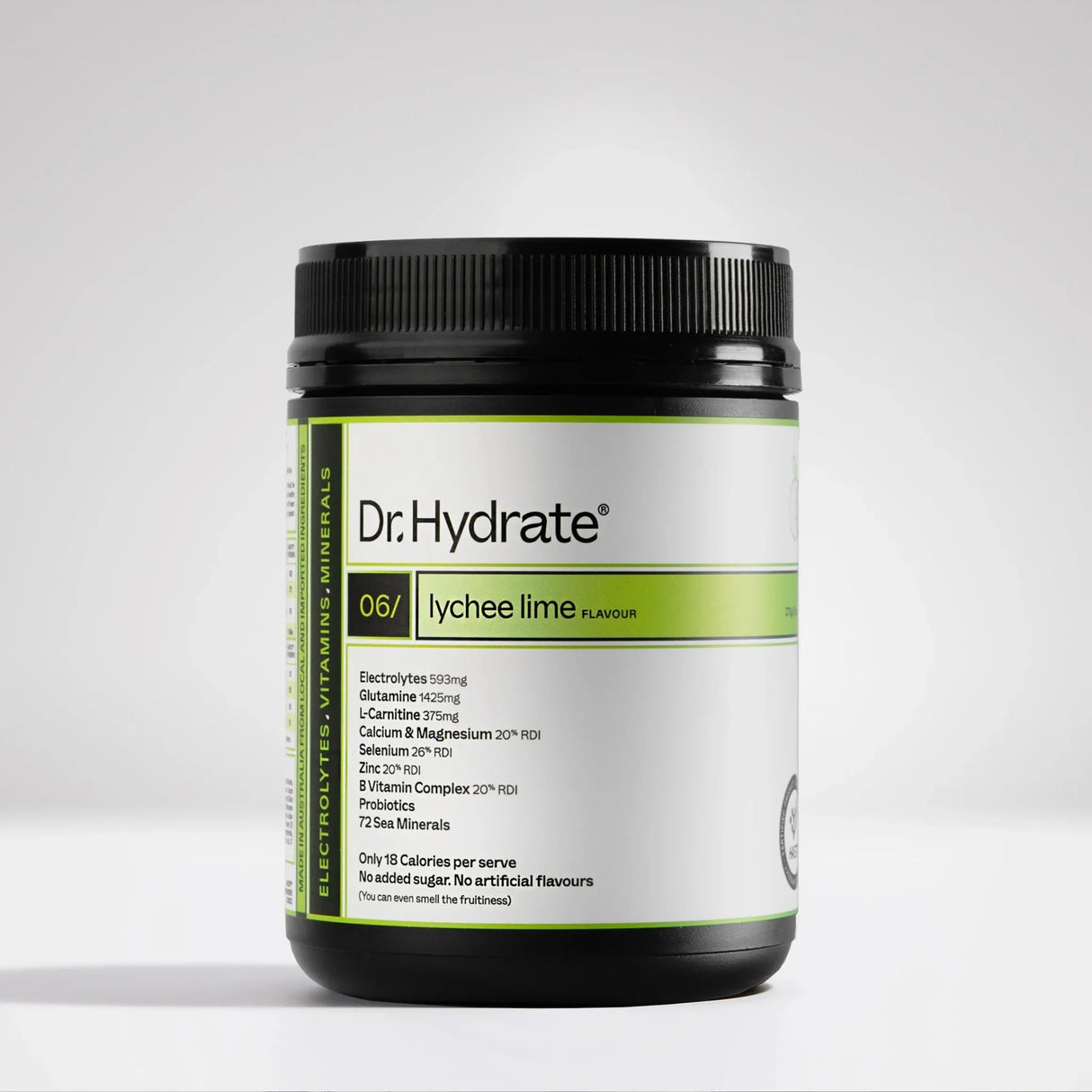 Lychee Lime Jar - 30 Serves by Dr. Hydrate with electrolytes, vitamins, minerals for hydration in a black container