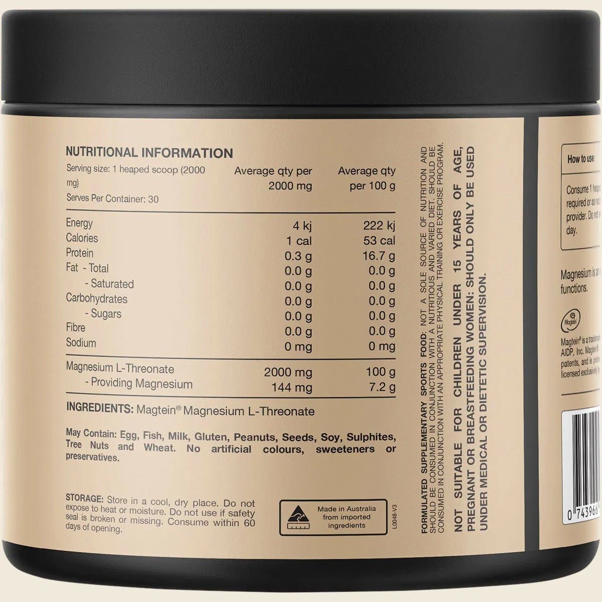 Mag3 - 100% Pure Magnesium L-Threonate - 60g nutritional info and ingredients label by Switch Nutrition new arrival product
