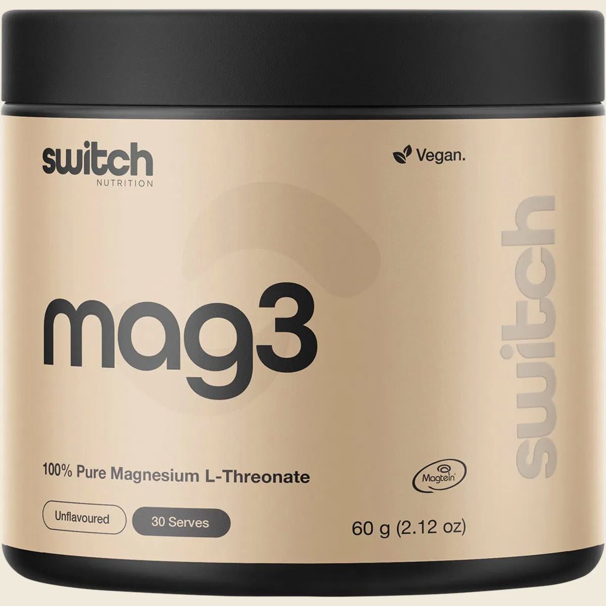 Mag3 - 100% Pure Magnesium L-Threonate - 60g by Switch Nutrition in minimalist beige container for low carb diets
